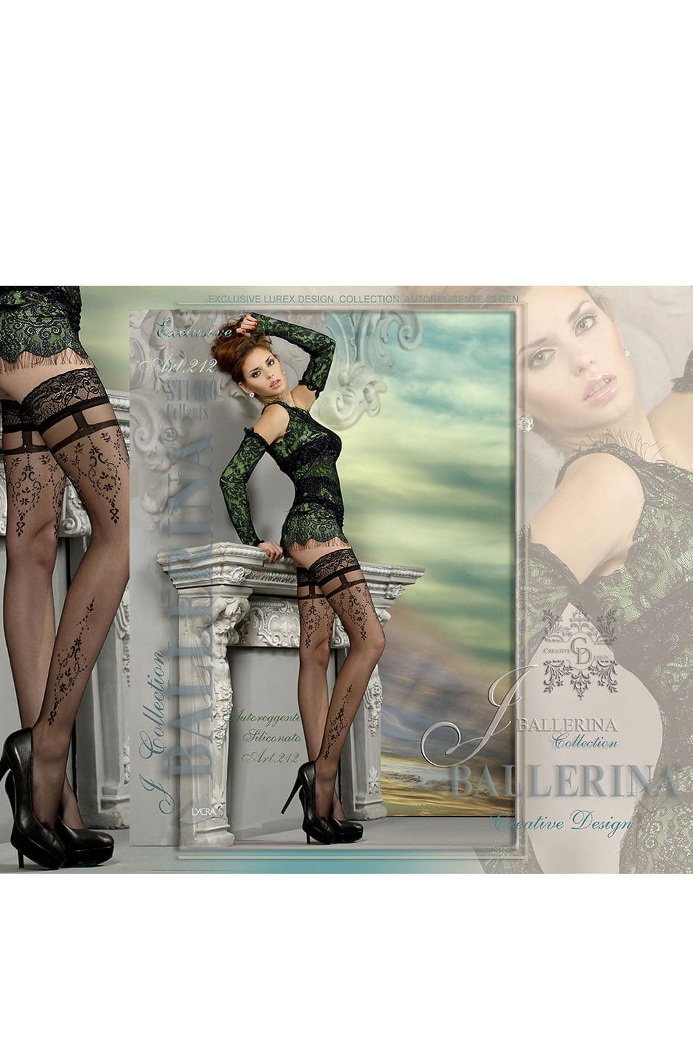 A woman poses in the Ballerina 212 Hold Up Nero (Black) lingerie set and patterned thigh-high stockings with metallic Lurex thread, paired with black high heels. The background features a detailed, elegant interior with classical architectural elements. The image includes text branding for the "Ballerina Collection.