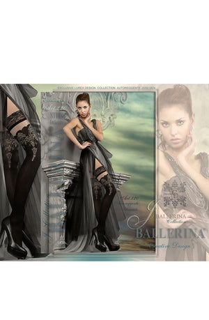 A woman poses wearing Ballerina 220 Hold Up Nero (Black) stockings, which feature sheer black fabric with intricate designs and gold Lurex detailing. She pairs them with a dark flowing dress and high heels. The background highlights elegant elements and branding text related to the "Ballerina" stocking collection, underscoring its luxurious and exclusive design.