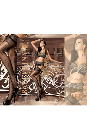 A woman showcases the exquisite Ballerina 259 Hold Up Nero (Black) lingerie set, featuring intricate lace embroidery and complemented by elegant black thigh-high stockings, as she poses in front of an ornate railing. A smaller inset highlights the fine detailing of the lingerie. The light brown background is enriched by a text overlay.