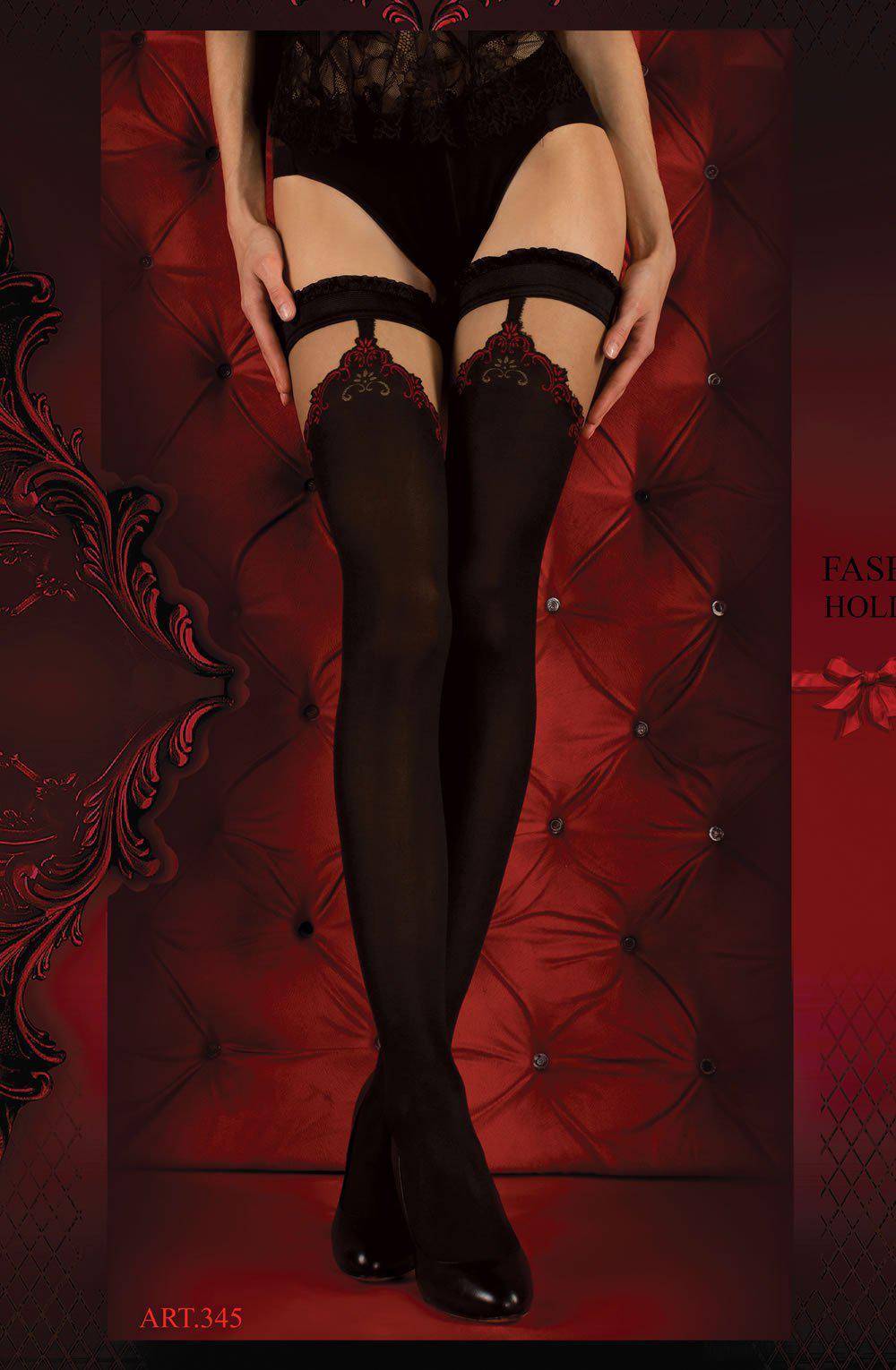 A person standing against a red, tufted backdrop is wearing Ballerina 345 Hold Ups Nero (Black) / Red with lace detailing at the top. The stockings are paired with dark, lacy undergarments. The image exudes an elegant and sophisticated theme, reminiscent of luxury embossed packaging.