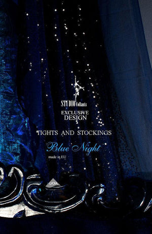 A sophisticated advertisement featuring shimmering deep blue fabric adorned with sparkles promotes Ballerina's exclusive design "Ballerina 441 Hold Ups Black." The text reads "Blue Night Hosiery," highlighting that the product is made in the EU. The background showcases intricate fabric details and glittering hold-ups.