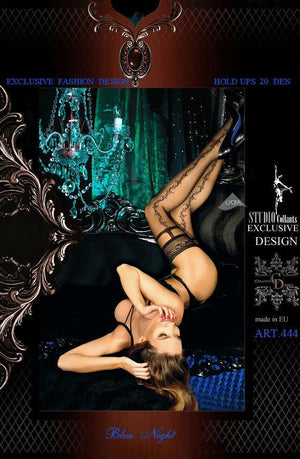 A woman in Ballerina 444 Hold Ups Black lingerie and patterned stockings reclines on her back amidst an opulent setting featuring a chandelier and luxurious fabrics. The image is adorned with ornate designs, text about fashion design, and details of bold tights and hold ups from the Ballerina brand. The atmosphere is dark and elegant.