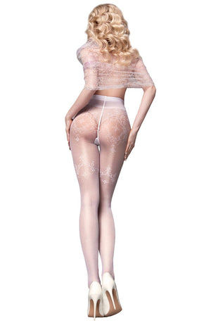 A person with long, wavy blonde hair is seen from the back, wearing sheer Ballerina 581 Ivory Tights with intricate pattern detail from Ballerina's Wedding Touch Collection, a matching top, and white high heels. The outfit is form-fitting, emphasizing their figure. The background is plain white.