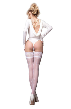 A person with blonde hair is facing away, wearing a white leotard with an open draped back, sheer thigh-high Ballerina 585 White Hold Ups from the Ballerina brand featuring a lace pattern, and white high heels. A pearl necklace is elegantly draped around their neck.