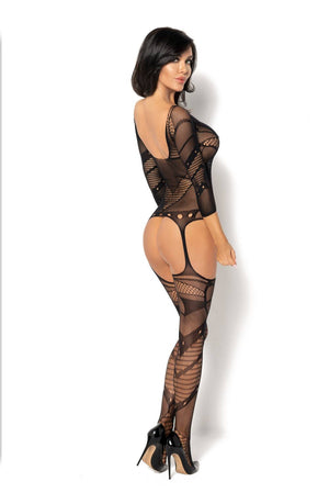 A woman is standing and posing in the Beauty Night Bn6590 Esmeralda Bodystocking Black from Beauty Night, featuring various geometric patterns and cutouts. She wears high-heeled black shoes, with dark hair cascading over her shoulders. The plain white background highlights her ensemble, which comes with a convenient storage bag.