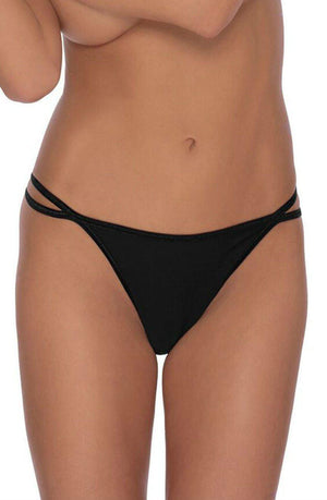 A person wearing black bikini bottoms with double side straps, standing against a plain white background. The focus is on the midsection, showcasing the design of the Roza Agnez Thong Black by Roza, epitomizing luxury lingerie.