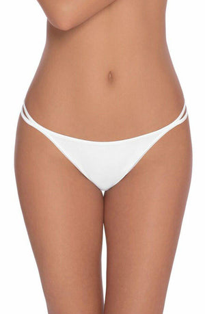 A person is shown from their shoulders to their upper thighs, wearing the elegant Roza Agnez Thong White with double side straps. The background is white and unobstructed.