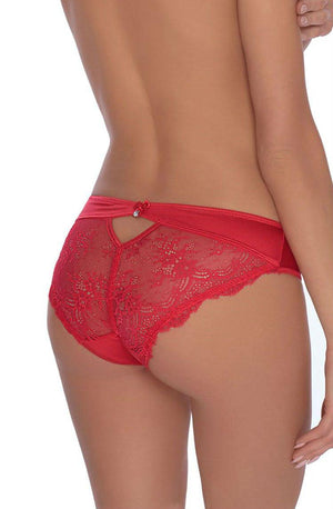 A person wearing the Roza Ali Brief Red with a decorative, heart-shaped cutout at the back stands facing away from the camera. Designed by Roza, this sexy brief features both solid and sheer lace panels adorned with floral lace detailing and a delicate satin bow for an elegant touch.