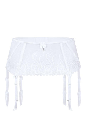 The Roza Anuk Suspender Belt White by Roza is a sophisticated suspender belt featuring intricate floral embroidery and adjustable straps. Highlighted with a satin bow at the center, it connects six ribbon-like straps for attaching to stockings. The design exudes elegance and delicacy, amplified by its breathtaking embroidered details.