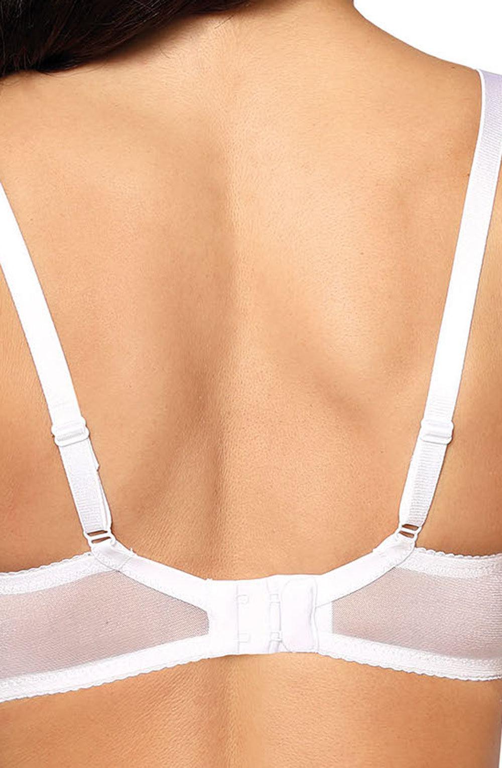 Rear view of a person wearing the Roza Anuk White Soft Cup bra by Roza, featuring adjustable shoulder straps and a hook-and-eye closure. The bra showcases a smooth back band, embroidered detailing, and provides a seamless, comfortable fit. The focus is on the fit and design of this intricately crafted bra.