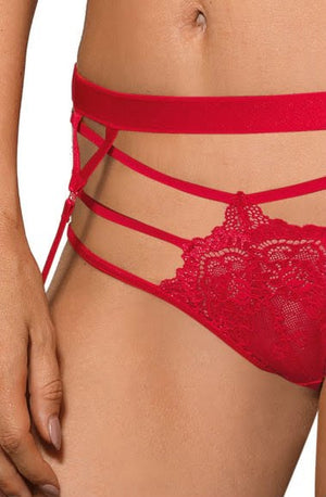 A close-up image of a woman's midsection wearing the Roza Cyria Red Brief, featuring intricate lace patterns and multiple decorative strap details around the waist and hips. The beautifully designed lingerie bottom, part of the Roza Cyria collection, is elegantly complemented by a coordinating lacy bralette.