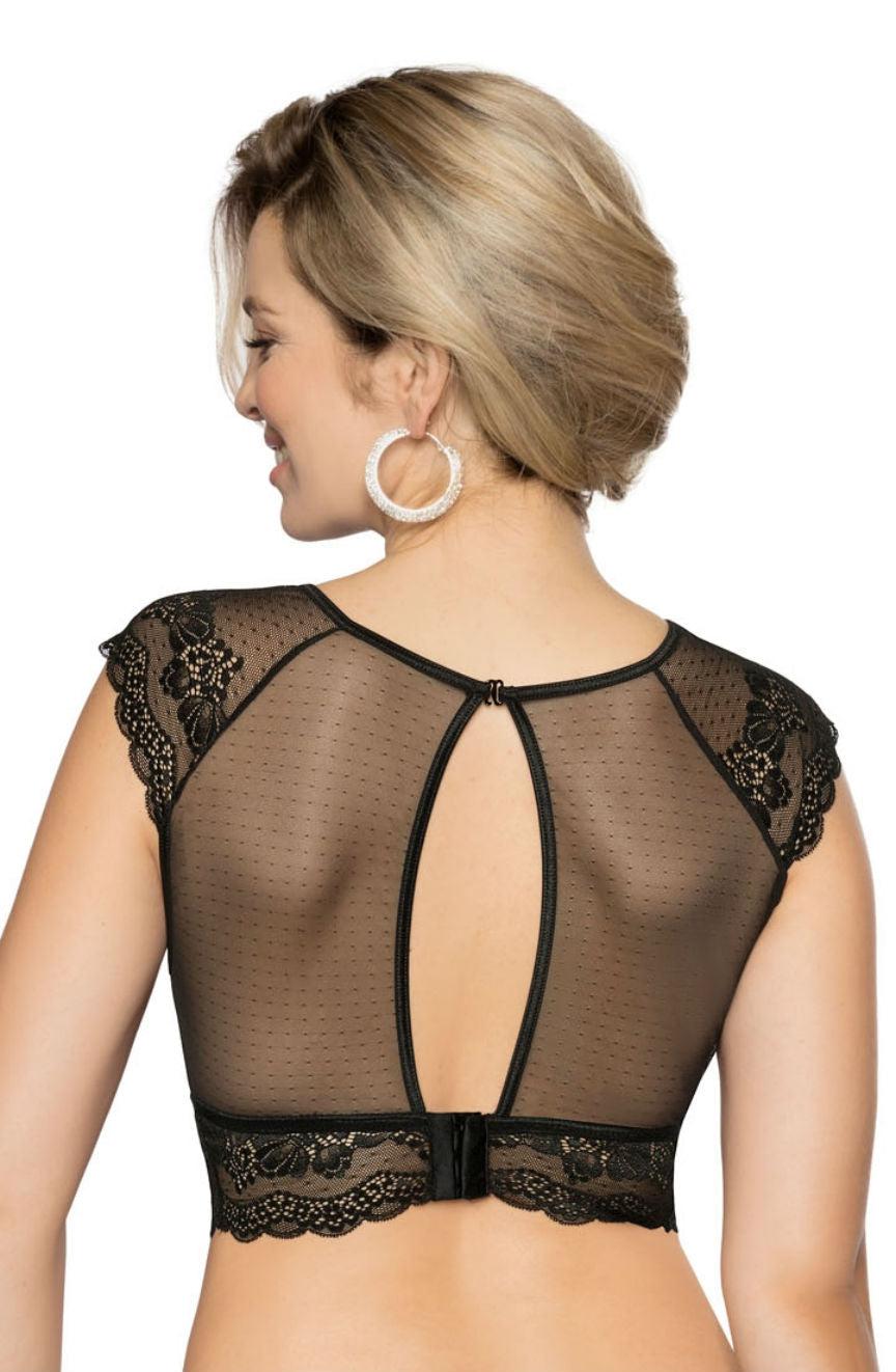 A woman is shown from the back, wearing the Roza Ellba Black Top, a black, semi-sheer lace top featuring a keyhole opening and lacy cap sleeves. Her blonde hair is styled up, and she is adorned with large hoop earrings.