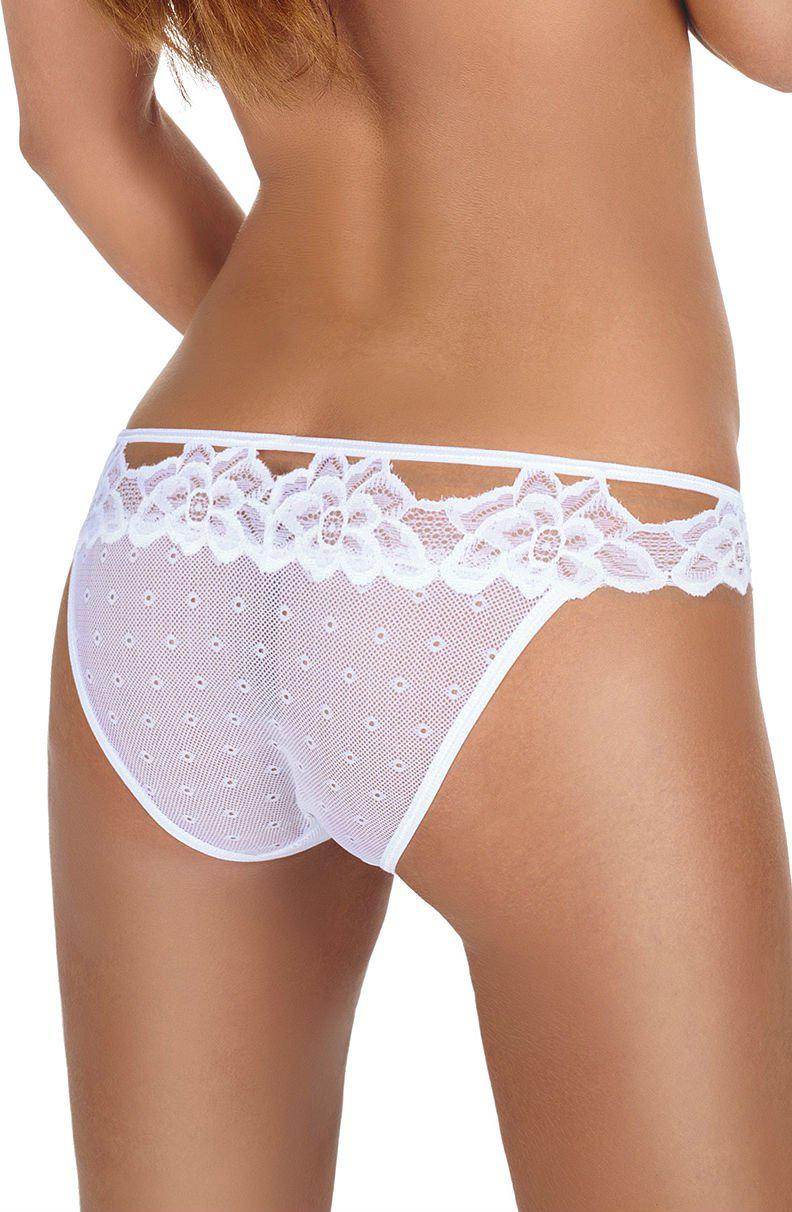 A person is seen from the back, wearing the Roza Falka Brief White luxury lingerie from Roza, featuring a floral pattern along the waistband. The undergarment showcases delicate, semi-transparent mesh fabric with small dotted details. The person's skin is tan and smooth.