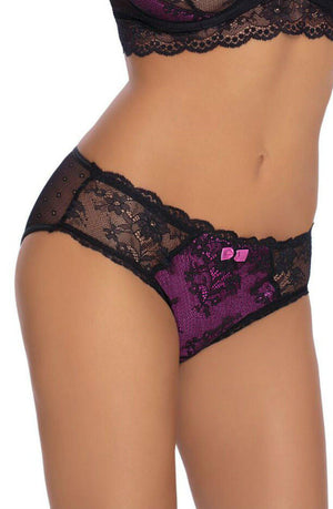 A woman's midsection adorned in the luxurious Roza Fifi Brief Black, featuring black lace and purple satin with intricate floral patterns, a small purple bow on the front, and a captivating suspender belt. The background is plain white.