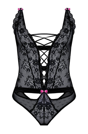 The Roza Fifii Black Body by Roza is a sophisticated black lace bodysuit adorned with intricate floral patterns and crisscross ribbon details down the front. It features sheer sections, satin bows at the top and bottom, and a deep V-neckline. Adjustable straps ensure a perfect fit, while delicate lace trim adds an extra touch of elegance to this stunning piece.