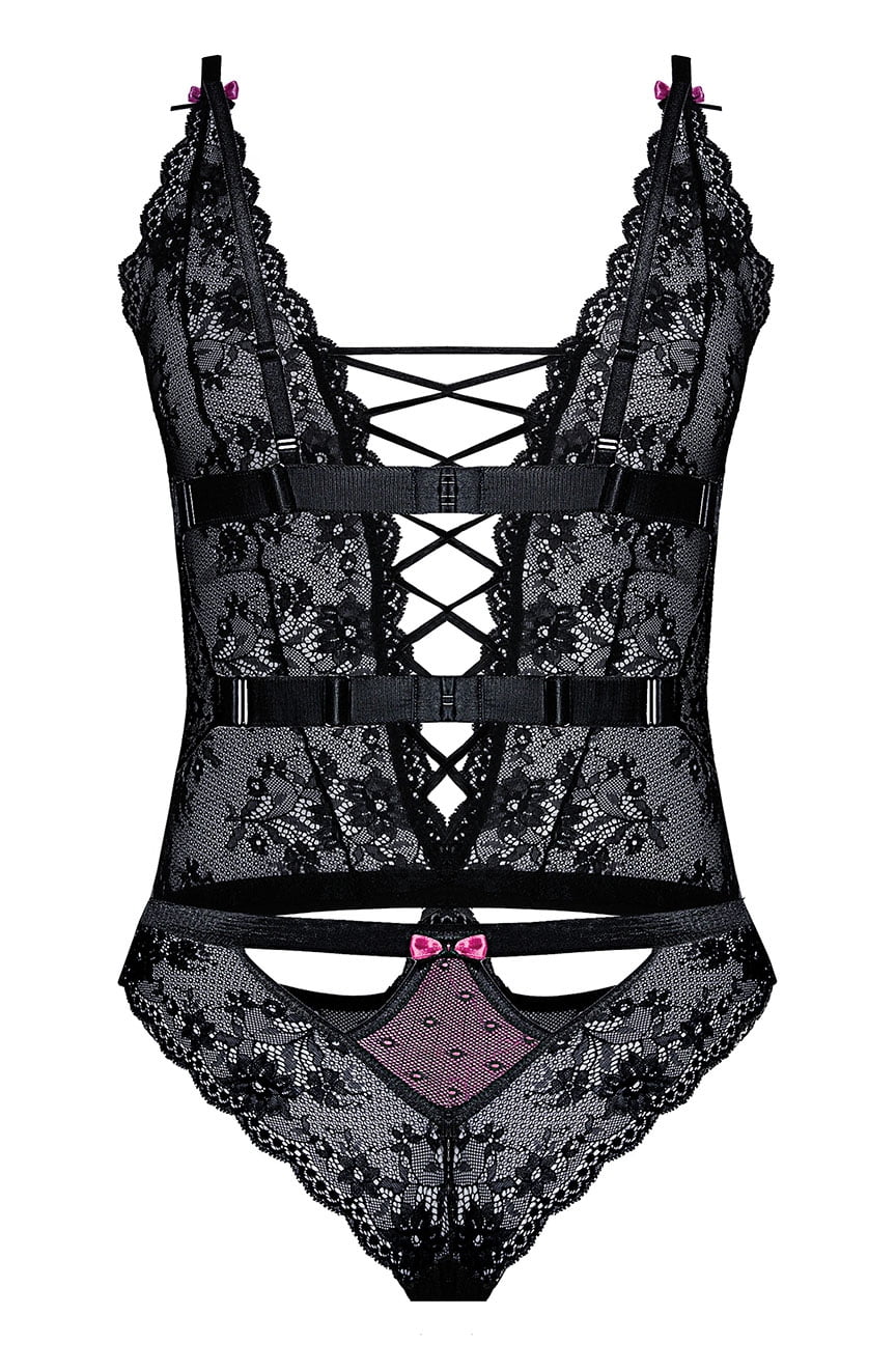 The Roza Fifii Black Body by Roza is elegantly displayed, featuring intricate lace patterns and crisscross straps on both the front and back. Pink satin bow accents adorn the bust, midsection, and lower part, enhancing its allure. Crafted from soft lace fabric, this lingerie showcases a high waist and semi-transparent material for a captivating appeal.