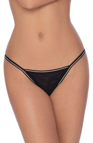 A close-up image of a person wearing the Roza Fiona Thong Black, a sheer bikini-style underwear with thin double straps. The person's torso is visible, but the head and limbs are not shown. The background is plain white, highlighting the delicately wrapped saucy thong by Roza that accentuates their figure.