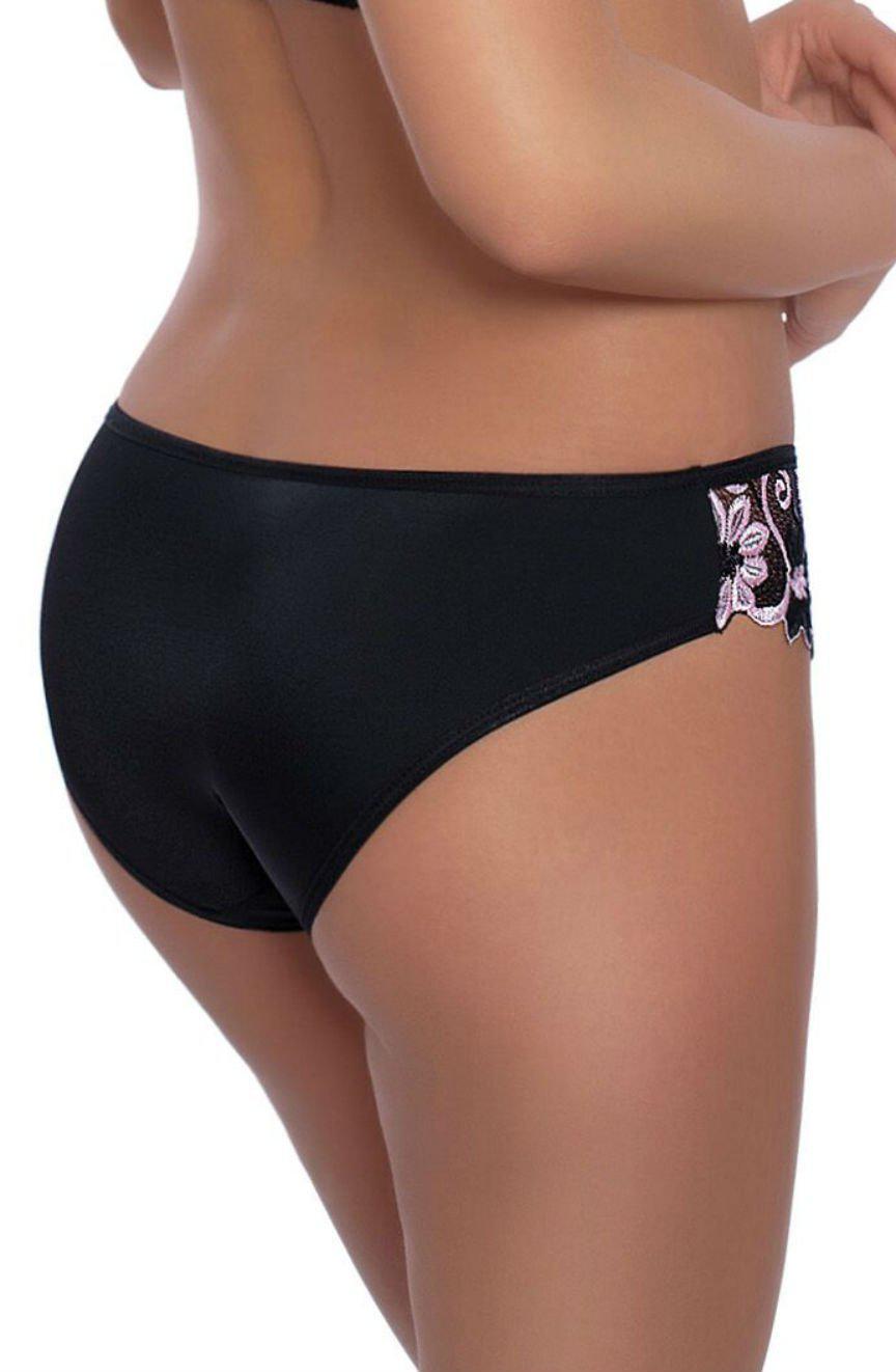 Rear view of a person wearing Roza Florence Pink Briefs, showcasing the elegance of the decorative pink and white floral embroidery on the side. The person stands with their right hand resting on their hip, highlighting the sophistication of Roza's design.