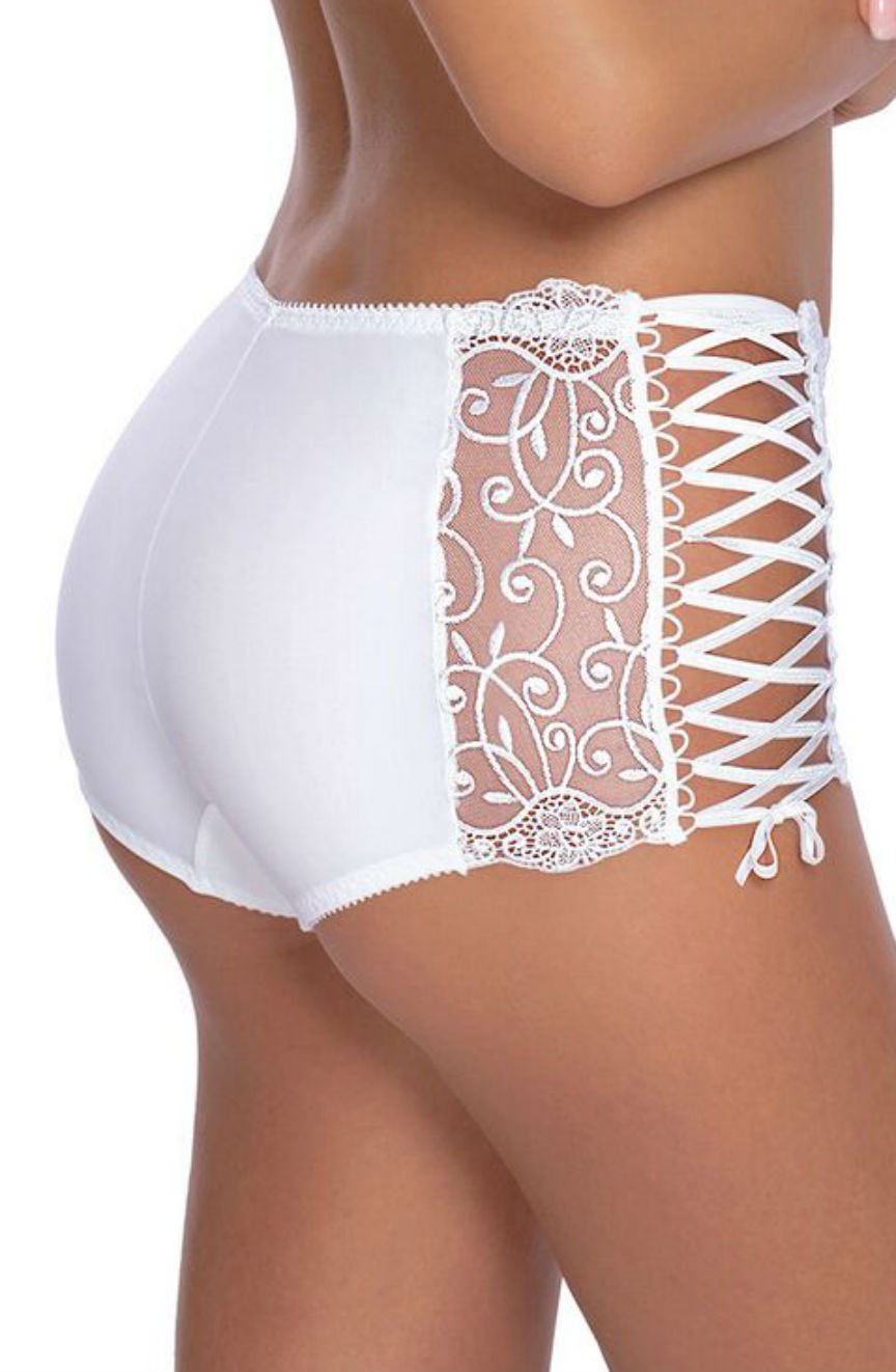 A person wearing the Roza Ginewra Short White and a matching push-up bra. The shorts, from the brand Roza, feature intricate lace detailing on the sides with a criss-cross ribbon pattern and floral embroidery, making them perfect for bridal wear. The person is shown from the rear and side.