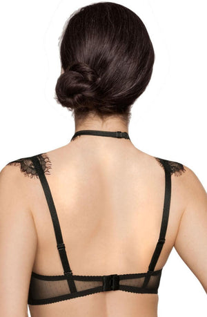 A woman with dark hair styled in a low bun is seen from the back. She is wearing a Roza Idrisa Black Push Up bra by Roza, featuring eyelash lace detailing on the shoulder straps, sheer mesh fabric on the band, and accented by a center diamante for an elegant touch.