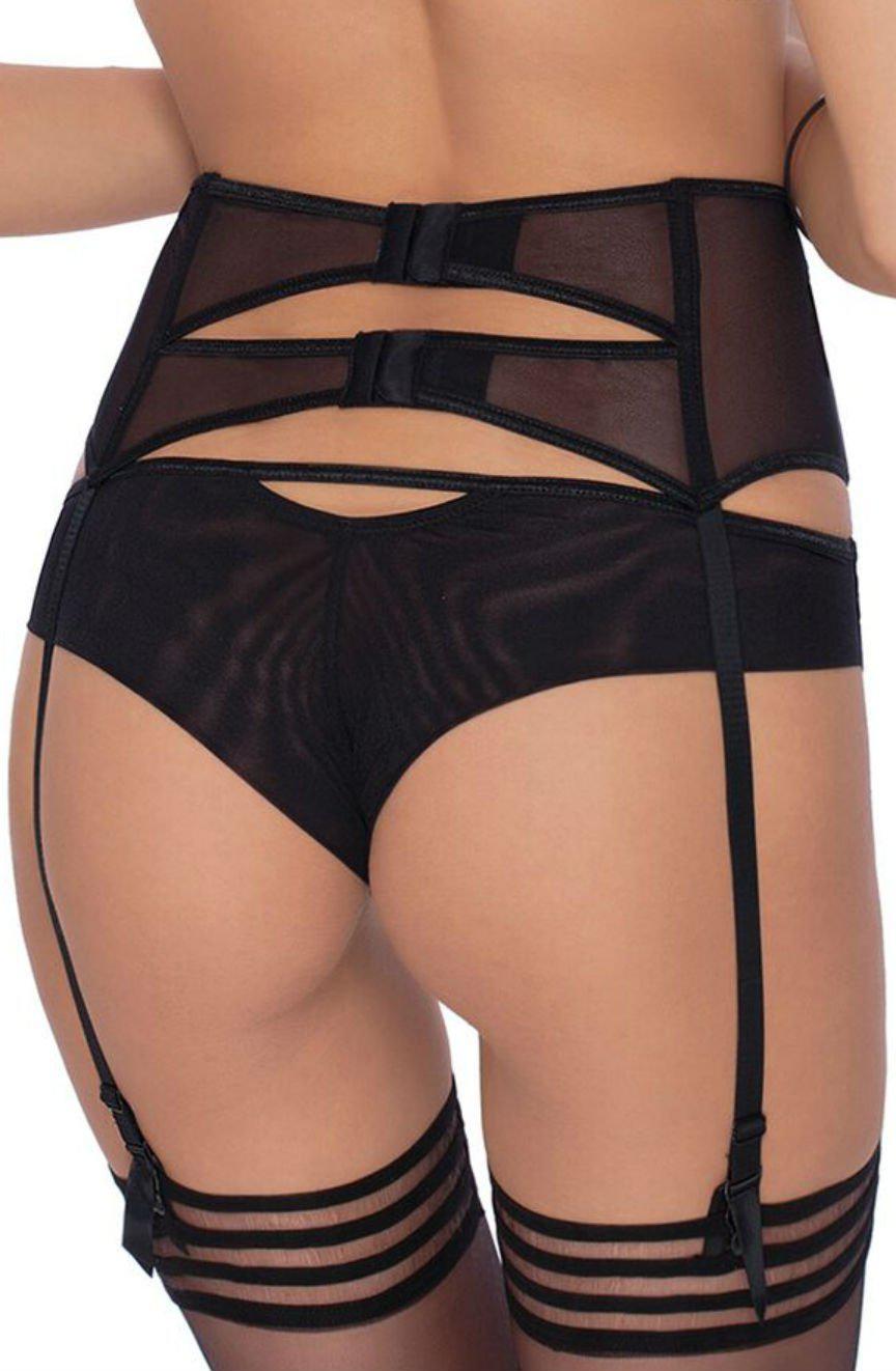 A person wearing black lingerie, including the Roza Ilaris Suspender Belt with adjustable suspender clips attached to thigh-high stockings. The image focuses on the back view, highlighting the sheer fabric and the straps connected to the stockings, showcasing the elegant design by Roza.