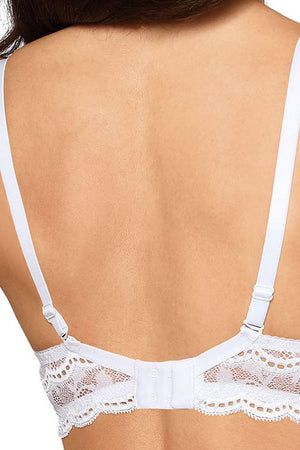 Back view of a person wearing a Roza Lagerta Push Up White bra by Roza, featuring adjustable straps and a hook-and-eye closure. The bra showcases delicate lace detailing along the back band. The top of the person's hair is partially visible in the image.