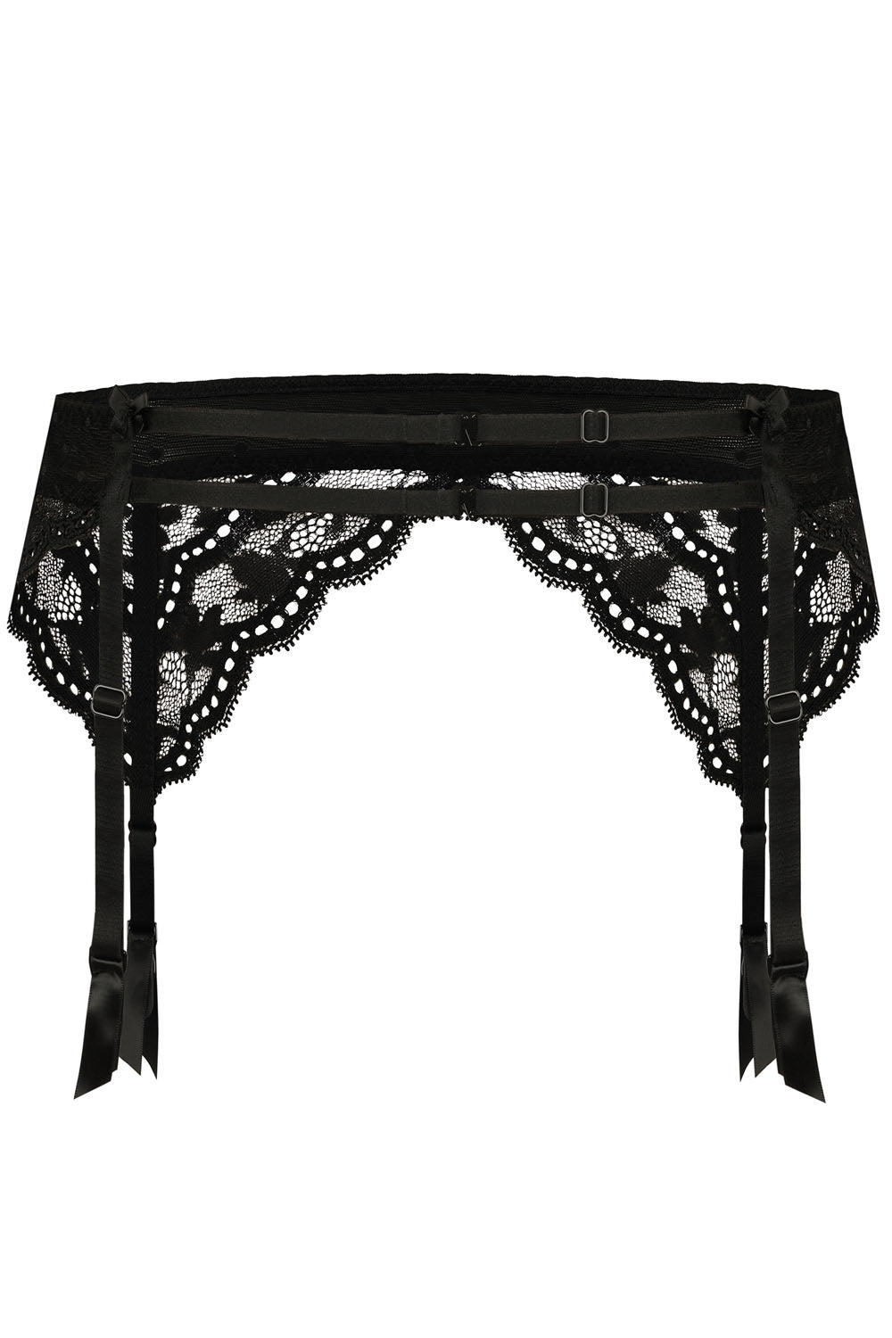 Image of the stunning Roza Lagerta Suspender Belt Black, showcasing intricate floral patterns on a lace design. Featuring a transparent mesh band, this suspender belt from Roza includes adjustable satin ribbon strap ends to hold up stockings and a hook-and-eye closure at the waistband for a secure fit.