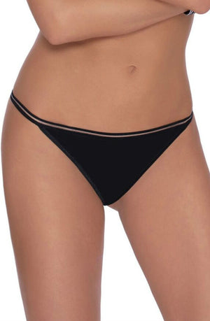 A person wearing Roza Lea Thong Black with thin side straps. The photograph focuses on the detailed thong from Roza, highlighting the lower torso and upper thighs of the individual. The background is plain and neutral.