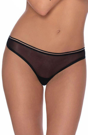 A person wearing the Roza Lica Thong Black, featuring intricate embroidery and a thin waistband. The photo focuses on the midsection, without showing the full body or face, set against a plain white background.