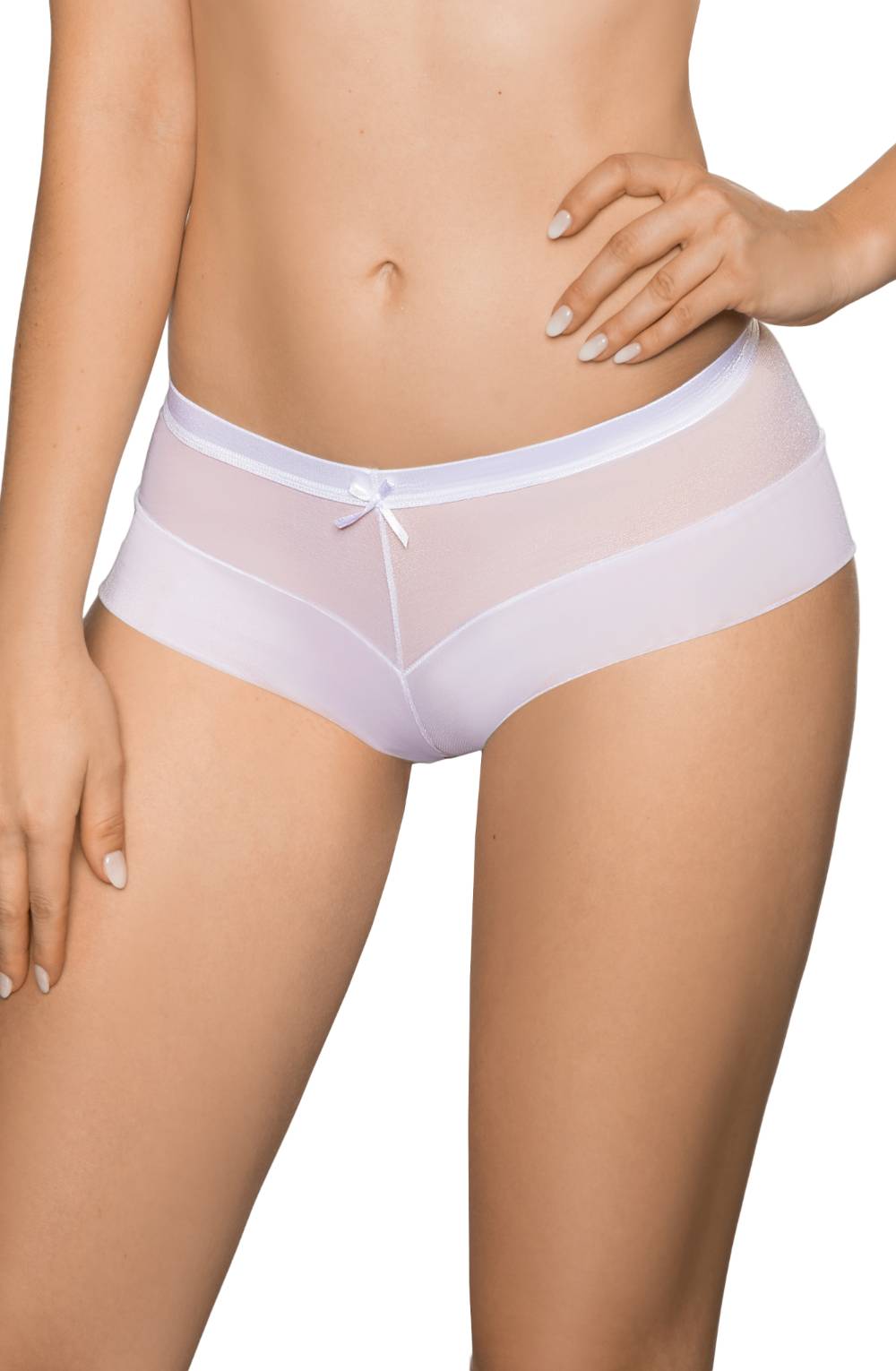 A person is shown from the upper thighs to the midriff, wearing Roza Lisbet White Briefs by Roza. The semi-sheer hipster panties are made from a luxurious stretch fabric and feature a small central bow at the waistband. The person's right hand is resting on their hip.