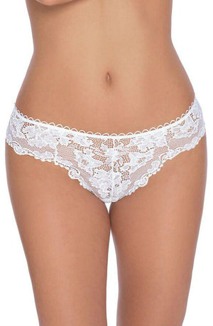 A person is wearing Roza Madam White briefs with intricate floral patterns and a scalloped edge along the waistband. The photo focuses on the midsection, highlighting Roza's attention to detail in its design.