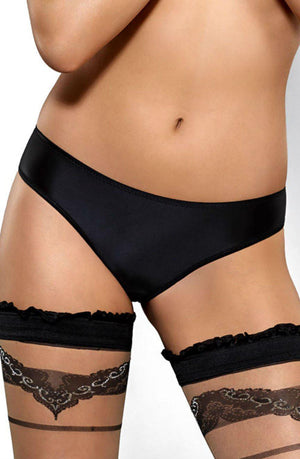 A person wears Roza Mimi Brief Black and black thigh-high stockings with lace trim. Only the midsection and upper thighs are visible in the image, highlighting the unique design.