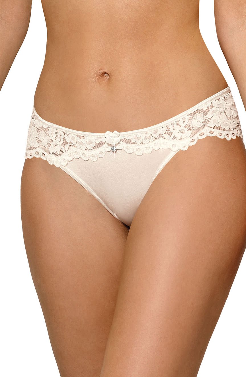 A close-up image of a person wearing the Roza Newia Ivory Brief from Roza. The waistband showcases intricate lace detailing with a small satin ribbon bow at the center. The material appears soft and fits snugly around the hips, with skin visible around the panties.