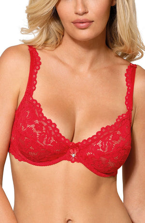 A woman is wearing the Roza Newia Red Soft Cup Bra with a decorative pendant at the center. The bra, from Roza's collection, features intricate floral patterns and adjustable straps. The image is focused from her shoulders to just above her waist, highlighting the details of the lingerie.