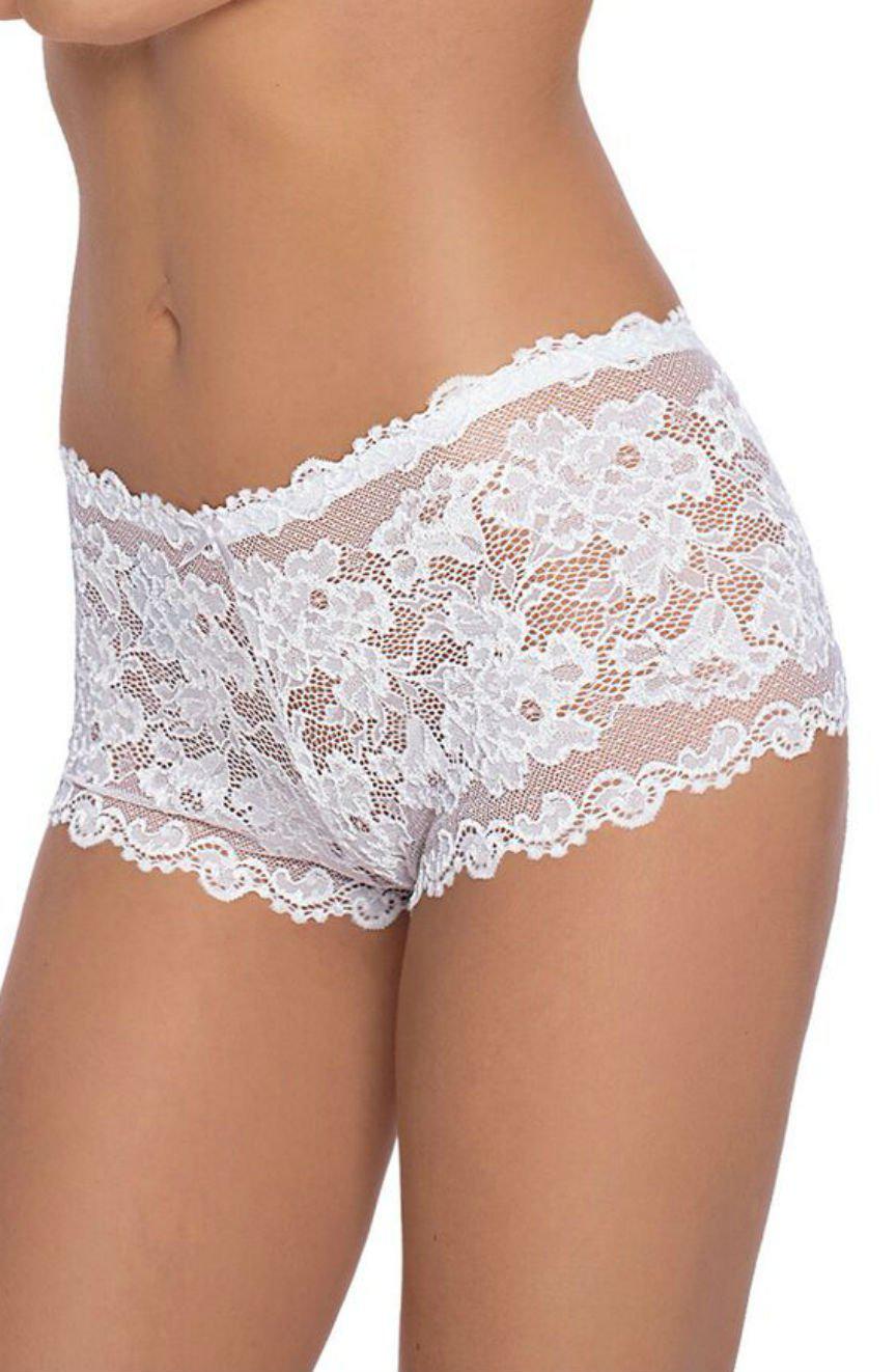 A person is adorned in the Roza Olympia White briefs by Roza, showcasing semi-transparent lace with an intricate floral pattern. The delicate scalloped edges at both the waistline and leg openings add to its elegant design. This luxurious lingerie piece is modeled from the waist to upper thigh and comes in chic Black or pristine White options.
