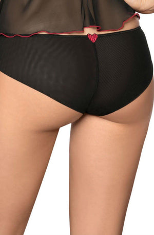 Close-up of a person wearing Roza Rubii Black Brief paired with a black top. A small red heart embroidery adorns the waistband at the back. The background is plain and neutral.