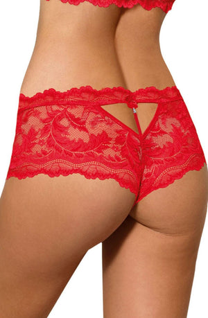 Rear view of a person wearing the Roza Sefia Brief Red by Roza in lace underwear. The brief showcases intricate floral lace patterns and a triangle cutout design adorned with a small satin ribbon bow at the top of the back, complemented by elegant diamante detail.