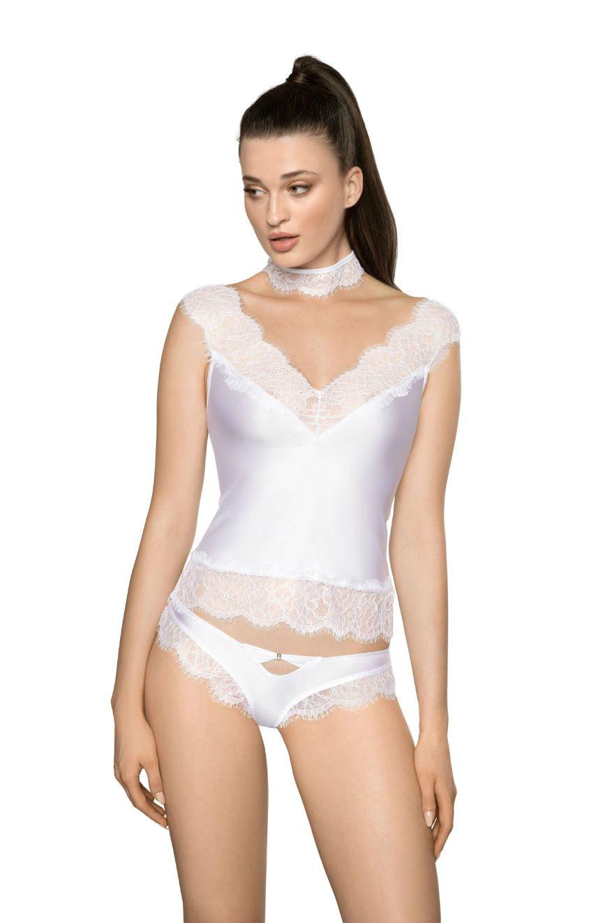 A woman is donning a matching white satin lingerie set, including a lace-trimmed camisole and the Roza Sija White Brief by Roza. She has long dark hair styled in a high ponytail and is looking down to her left. The lingerie features delicate eyelash lace details around the neckline and hem.