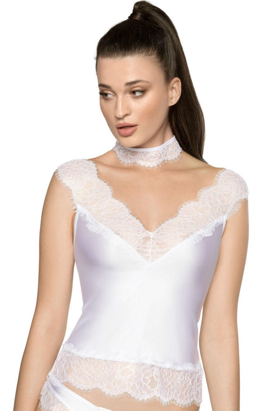 A woman with long dark hair in a high ponytail is wearing the Roza Sija White Shirt, made from soft stretch satin and lace. She also has a matching eyelash lace choker around her neck. Looking slightly to her left with a neutral expression, she stands against a plain white backdrop, reminiscent of classic Roza packaging.