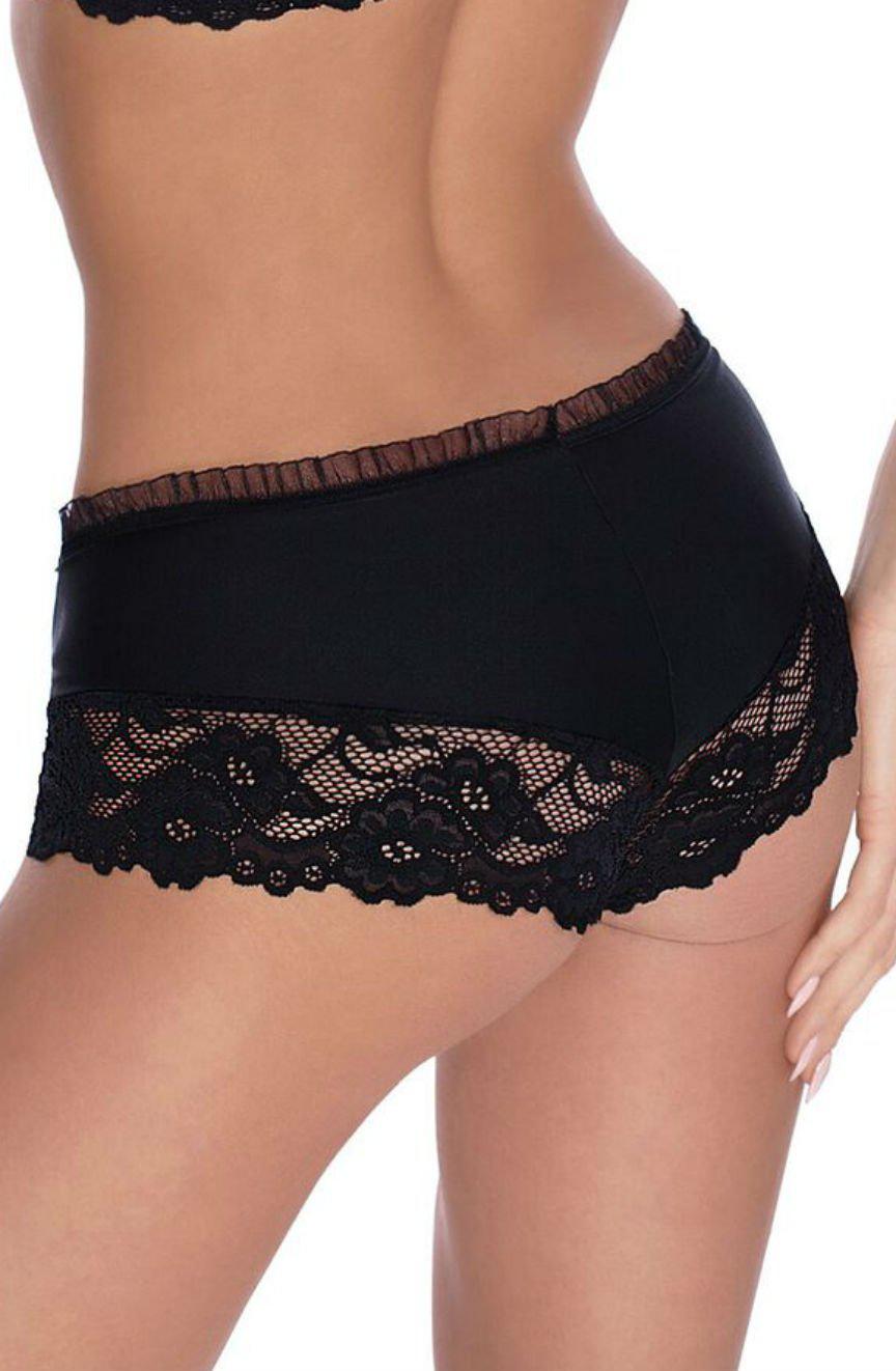 Close-up image of a model wearing the Roza Sisi Black Short, ideal for everyday wear. The focus is on the lower torso and upper thigh, highlighting the intricate lace details at the hem and the smooth fabric. These shorts pair beautifully with the Roza Sisi bra. The image does not show the model's face.