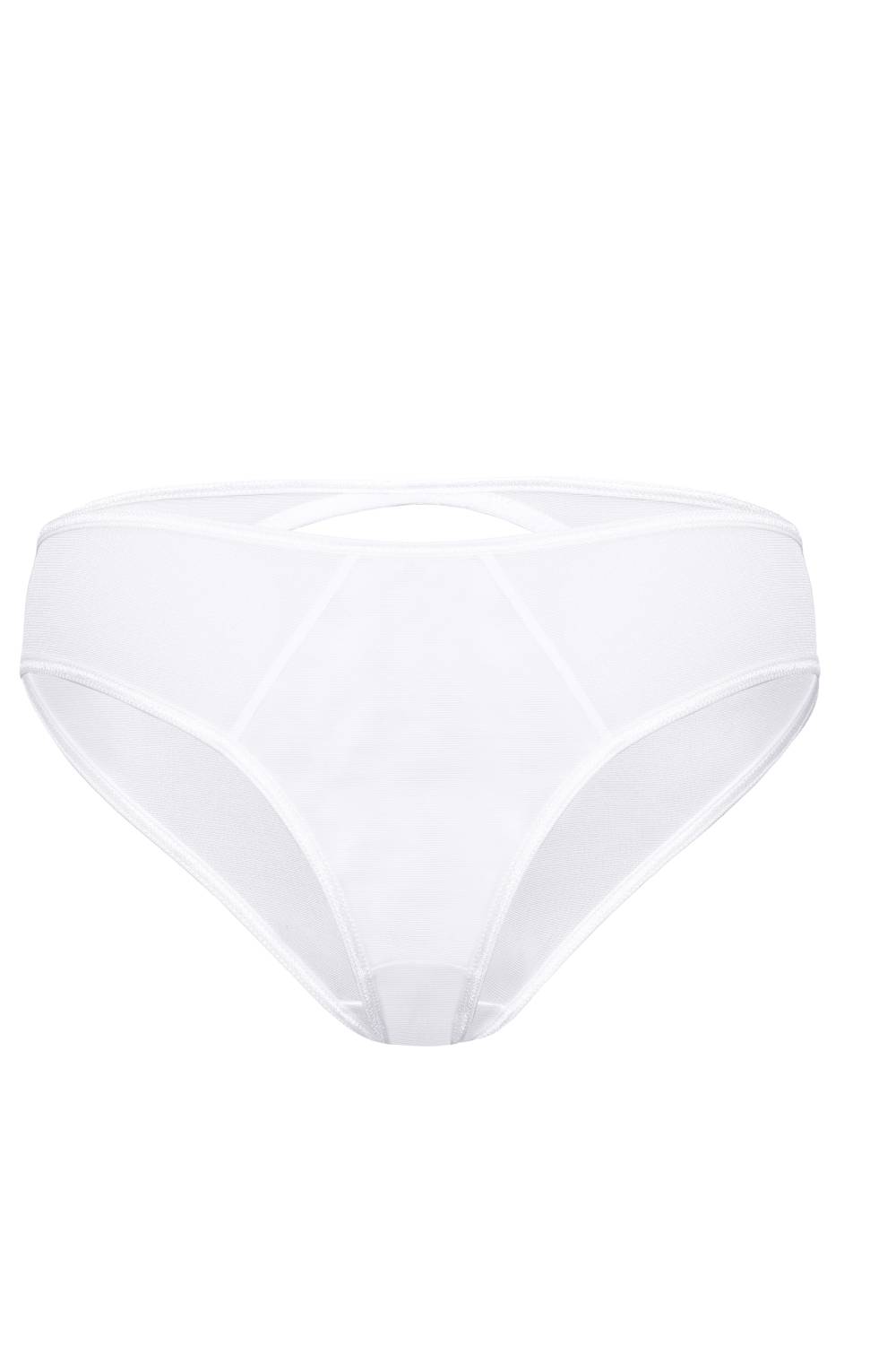 The Roza Tarra White, a pair of women's underwear from the Roza brand, boasts a minimalist design with sheer mesh panels on the sides and a V-shaped cut-out in the front. The elasticated waistband and leg openings ensure a comfortable fit, enhanced by elegant satin ribbon details.