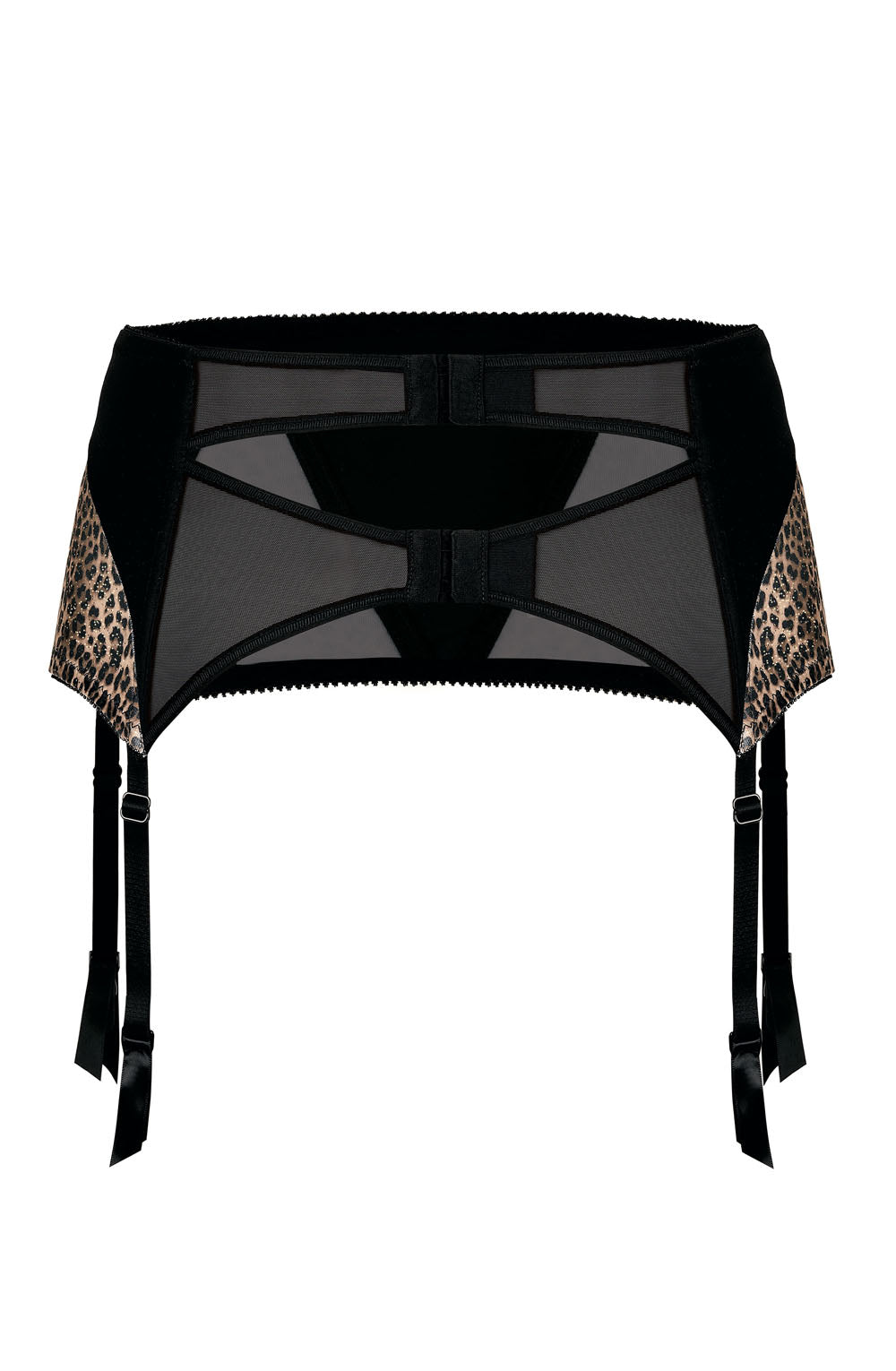 An image of the Roza Zoje Suspender Belt Black by Roza, featuring sheer mesh panels and leopard print detailing on the sides. This garter includes adjustable suspender straps with black satin ribbons at the ends, and a scalloped edge detail on the waistband.