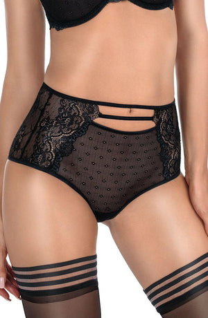 A person wearing the Roza Zulaj Boxer Brief Black, a lace lingerie set featuring high-waisted boxer briefs with a polka-dot pattern and matching garter belt. They are also wearing sheer black thigh-high stockings with horizontal stripes at the top. The upper part of their push-up bra is partially visible.