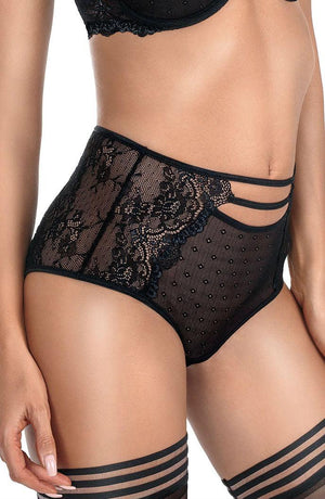 A person is wearing Roza Zulaj Boxer Brief Black lingerie from the Roza brand. The design features high-waisted lace panties with mesh and floral lace details, alongside cut-out strips at the top. They are also wearing matching thigh-high stockings with horizontal stripes at the top.