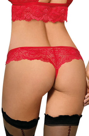 A woman is seen from the back wearing a matching red lace lingerie set, including a bra and the Roza Zuza Red Thong adorned with floral embroidered lace. She is also wearing black thigh-high stockings. The background is white.