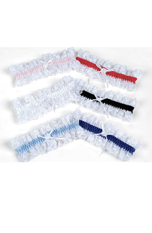 The image showcases the Shirley Of Hollywood 19 Royal Garters in five distinct colors. Each garter features a white lace trim and a central band of colored fabric: pink, red, black, light blue, and dark blue. Elegantly accented with small white bows, these Shirley of Hollywood garters are perfect for adding a touch of sophistication.