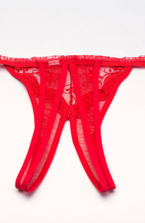 The Shirley of Hollywood 10 Crotchless Thong in red lies flat against a white background, showcasing its floral pattern, multiple thin straps converging at the waist, and partially sheer fabric with scalloped embroidery. Plus size options are available for this beautifully designed piece from Shirley of Hollywood.