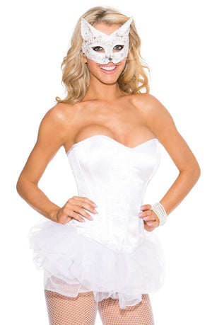 A woman dressed in the Shirley Of Hollywood 31044 White Corset, featuring a satin fabric that highlights her waist, stands smiling. She pairs it with a tulle skirt, white lace cat-ear mask, fishnet stockings, and a pearl bracelet while striking a playful pose. The ensemble from Shirley of Hollywood exudes an undeniable bridal wear charm that captivates the eye.