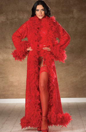 A woman stands confidently in a striking red, long lace robe embellished with feather trim at the sleeves and collar, paired with Shirley Of Hollywood 90026 Stockings Red from Shirley of Hollywood. She completes her look with garters and matching red high heels. The neutral brown background contrasts beautifully with her vibrant outfit.