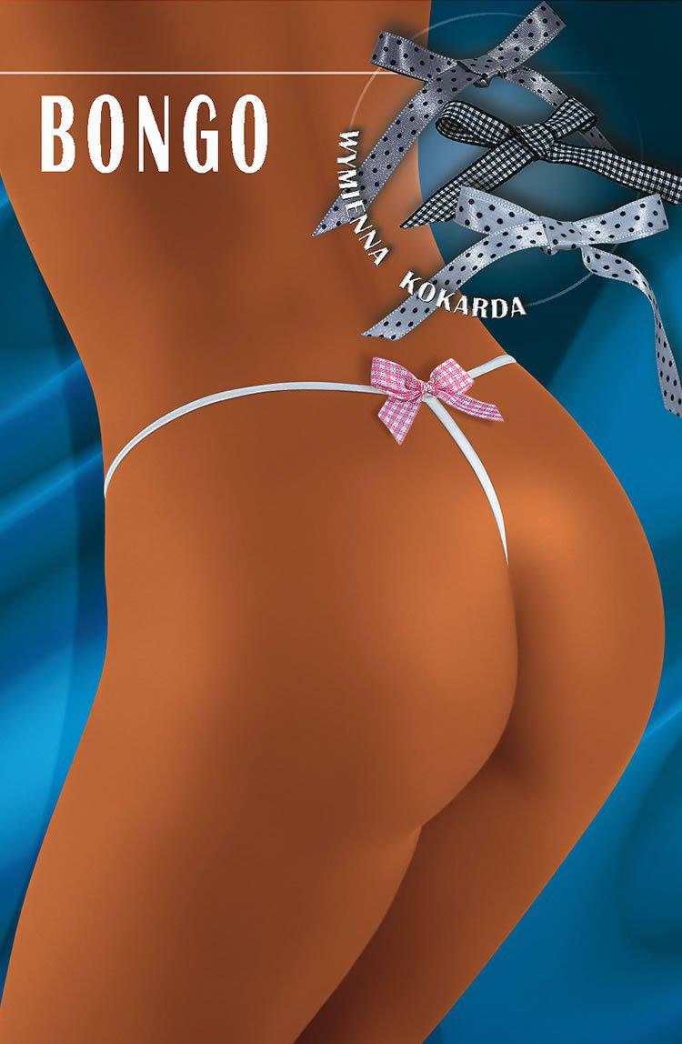 A close-up of a person wearing the minimal Wolbar Bongo Black Thong, featuring a delicate pink and white checkered bow on the back. The background highlights silky blue fabric adorned with additional bows in polka dot patterns. The text "BONGO" stands out prominently at the top, with "WYMIANA KOKARDA" vertically aligned on the right.